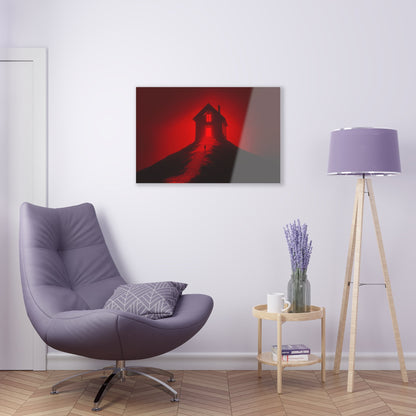 Horizontal-oriented wall art: Artwork titled Crimson Ascent from the Ruby Realms collection, featuring a glowing red house atop a hill with a solitary figure ascending a shadowed staircase. The piece creates an eerie and surreal atmosphere with its intense red glow and dramatic contrast.