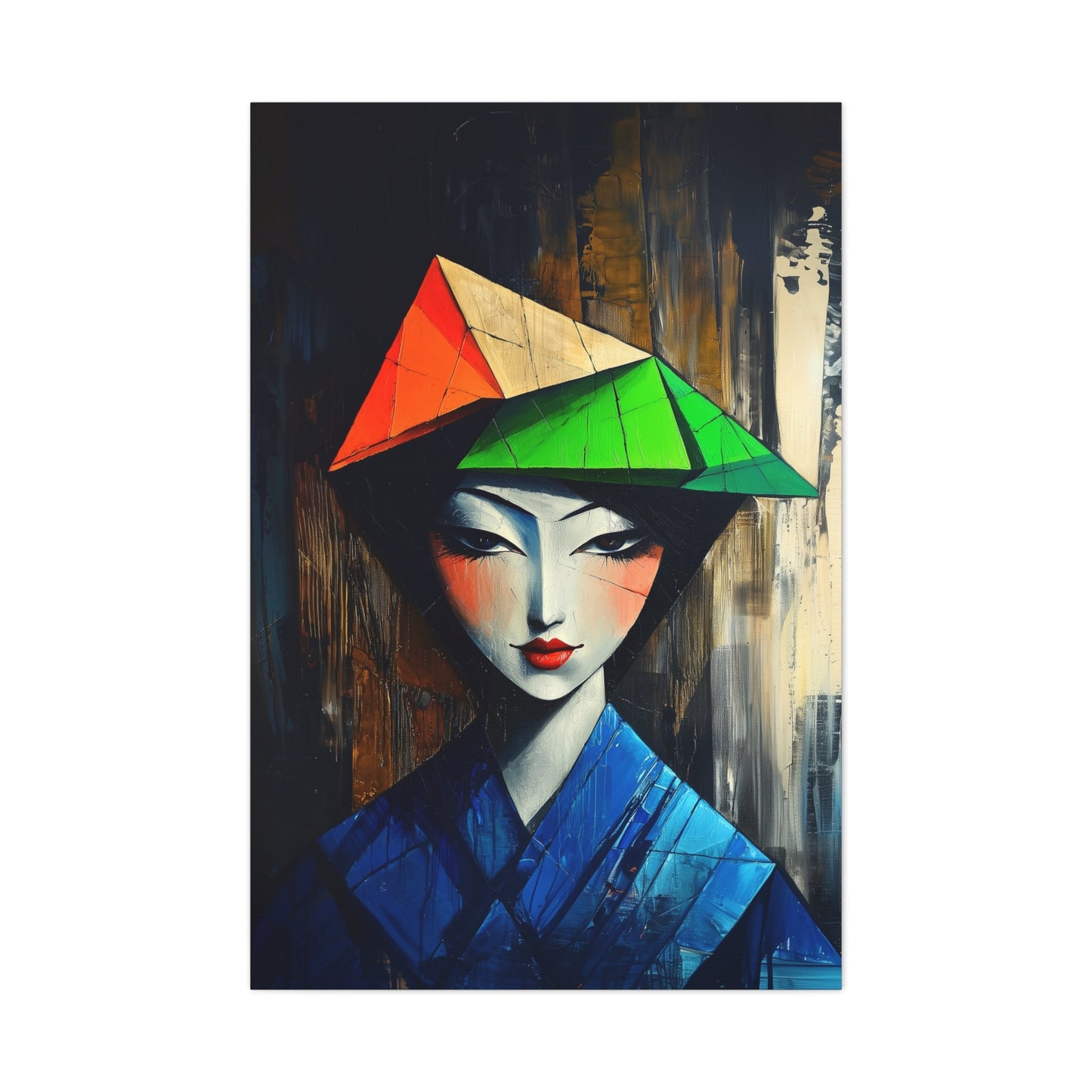 Vertical-oriented wall art: "Fractured Elegance." An Asian woman in traditional attire is depicted in a Cubist style, her serene expression framed by angular geometric shapes in blue, green, and orange. Dramatic lighting highlights the vibrant palette and intricate textures, creating a sophisticated and ethereal composition.