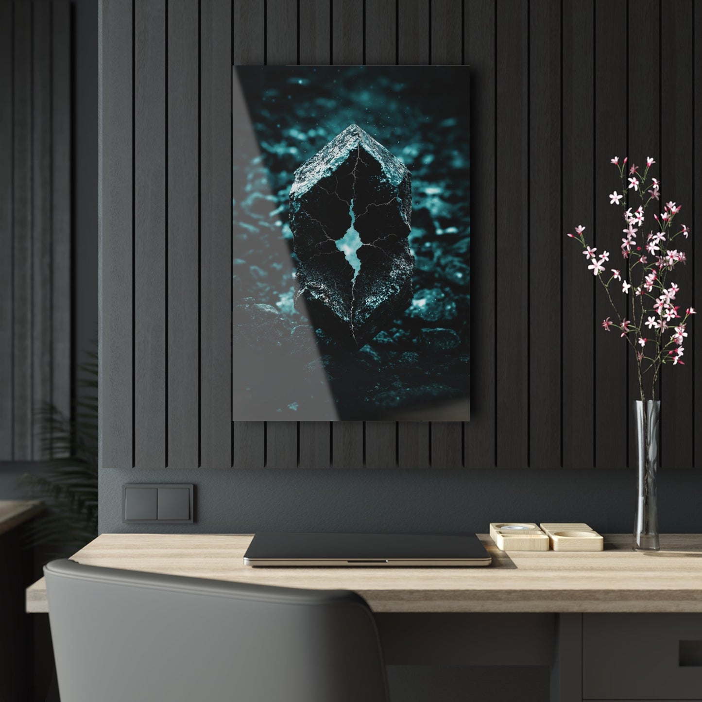 Vertical-oriented wall art: "Fractured Veil II" A glowing, fractured stone with jagged teal cracks sits amid a dark, rocky terrain, radiating an otherworldly light. The hyperreal textures and eerie illumination evoke a sense of mystery and untapped cosmic power.