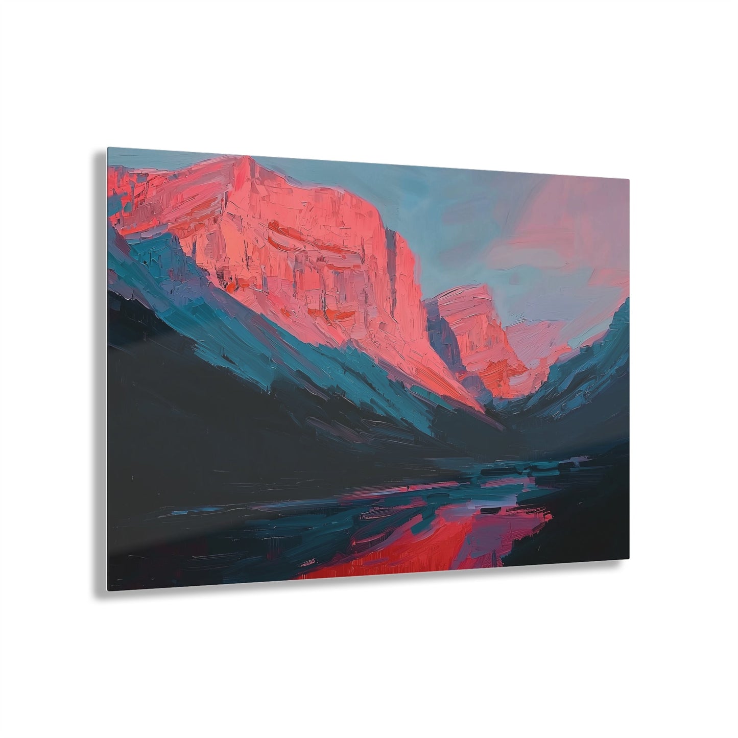 Horizontal-oriented wall art: "Timeless Peaks" Landscape artwork titled Timeless Peaks from the Bold Horizons collection, featuring vibrant crimson and pink mountains reflected in a tranquil lake. The piece highlights bold brushstrokes and a dynamic interplay of warm and cool colors, evoking majesty and serenity.