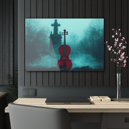 Horizontal-oriented wall art: "The Mourning Violin." A vivid red violin stands alone in a misty graveyard, framed by a dark, Gothic cross in the background. Diffused teal lighting and soft shadows create a haunting and melancholic atmosphere.