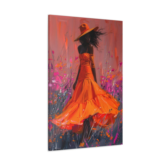 Vertical-oriented artwork: An abstract palette knife oil painting featuring a woman walking through a colorful landscape of swirling paint splashes and vibrant hues.