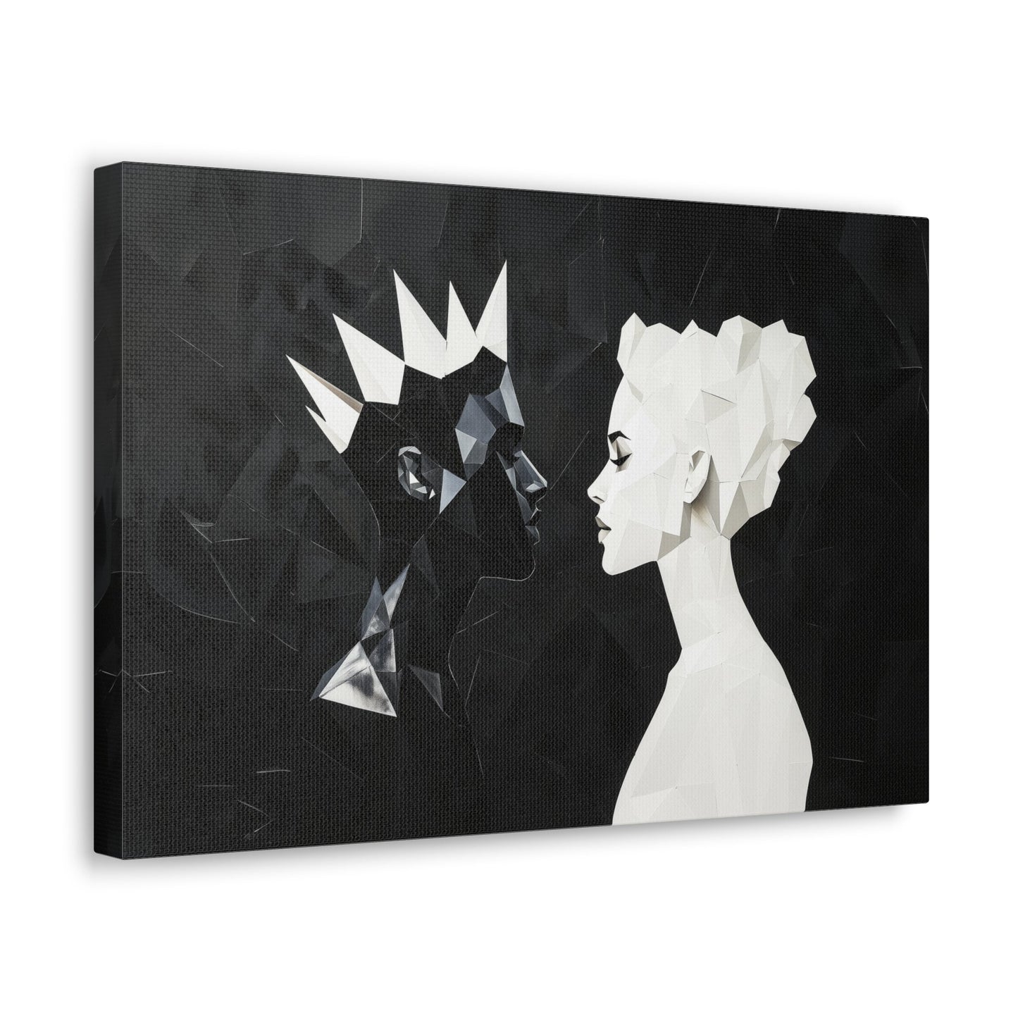 Horizontal-oriented wall art: "Kiss of Kings and Queens" A striking geometric artwork depicting an interracial couple, a Black king and a White queen, leaning in for an intimate moment, their fragmented profiles symbolizing unity and love. Bold black-and-white contrasts create a modern, abstract representation of harmony and diversity.