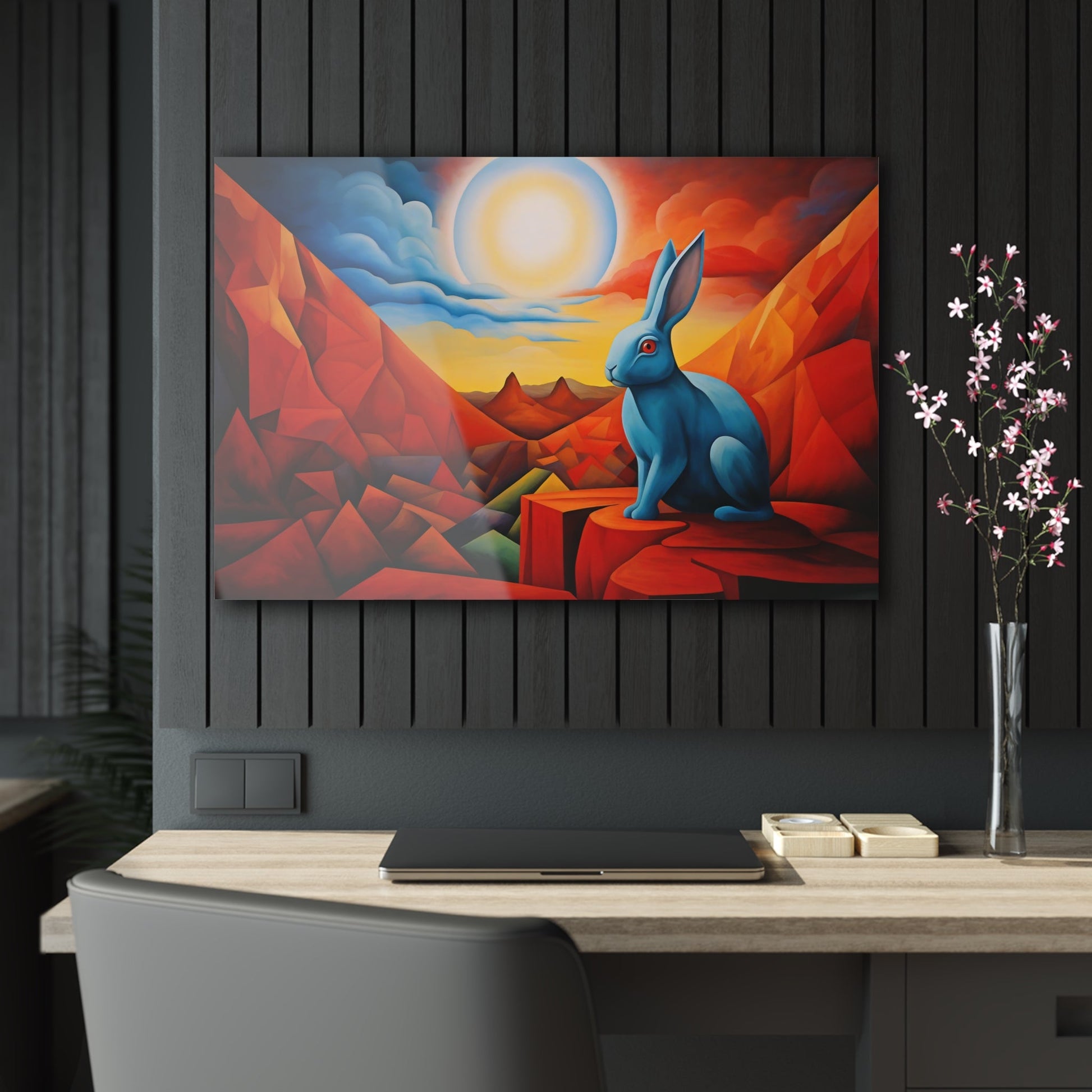 Horizontal-oriented wall art: "Vortic Hare III" features a vibrant blue rabbit sitting calmly on angular red rocks in a surreal, geometric landscape with a glowing sun in the background. The bold contrast of vivid blue, red, and orange tones evokes a dynamic fusion of Vorticism, Cubism, and Surrealism.