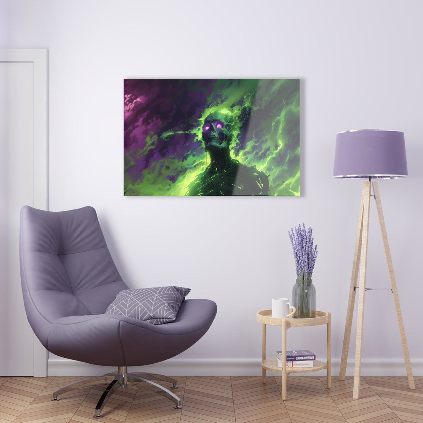 Horizontal-oriented artwork: An eerie illustration featuring a mystical lich with glowing eyes, surrounded by eldritch energies in shades of green and purple, against a dark, ominous background.