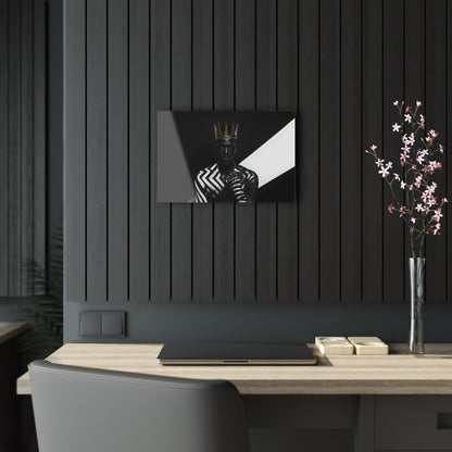 Horizontal-oriented wall art: "Crown of Dignity III" A striking portrait of a regal figure wearing a metallic gold crown, adorned in bold black and white geometric patterns. The artwork captures a modern, dignified presence, blending contemporary abstraction with royal elegance against a high-contrast background.