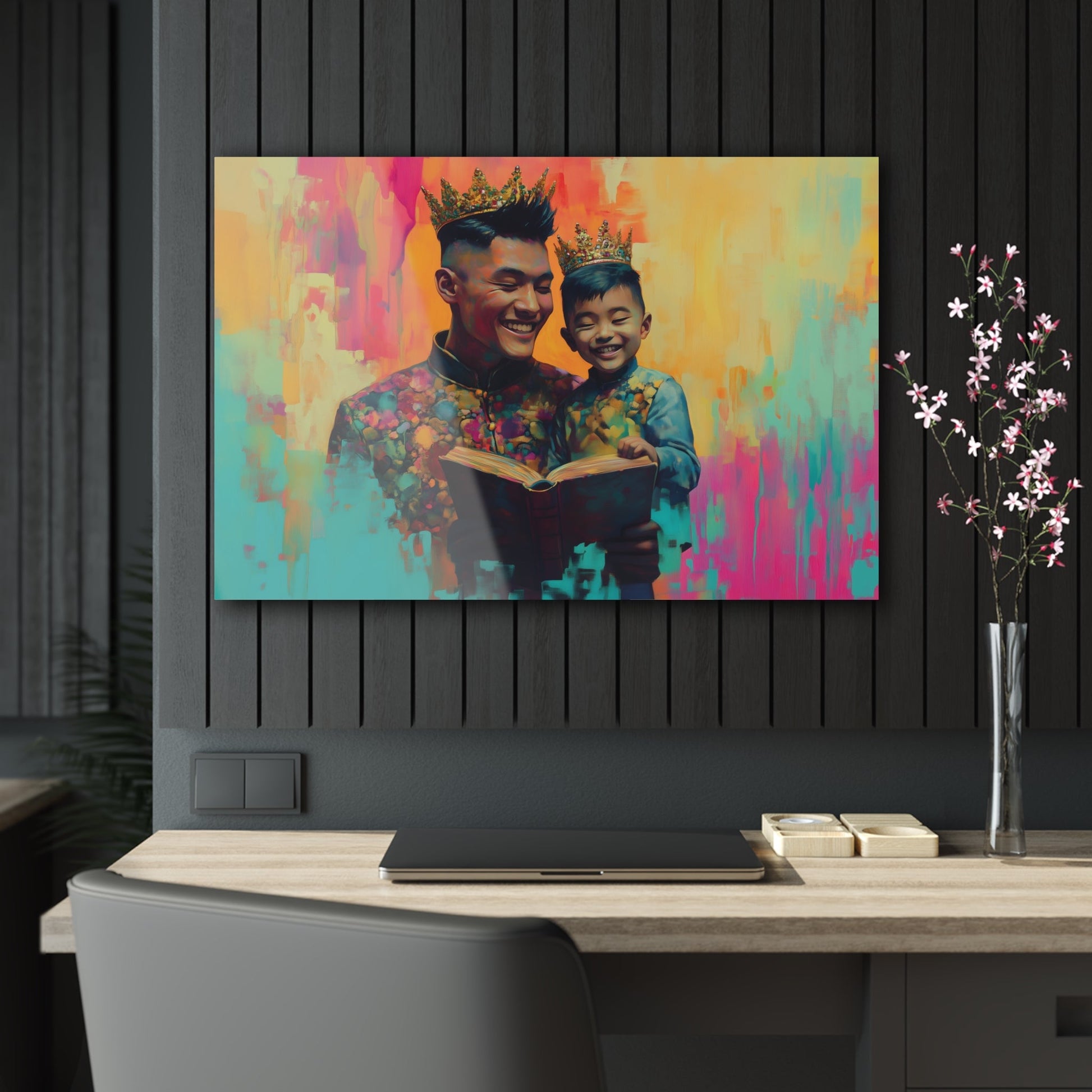 Horizontal-Oriented wall art: "Crowning Knowledge V" depicts a joyful father and son wearing golden crowns, smiling as they share a moment of reading together against a vibrant, abstract background of pinks, oranges, and blues. The artwork blends detailed portraiture with a playful, colorful backdrop, capturing the warmth and happiness of family bonds.