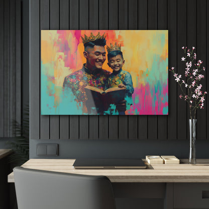 Horizontal-Oriented wall art: "Crowning Knowledge V" depicts a joyful father and son wearing golden crowns, smiling as they share a moment of reading together against a vibrant, abstract background of pinks, oranges, and blues. The artwork blends detailed portraiture with a playful, colorful backdrop, capturing the warmth and happiness of family bonds.