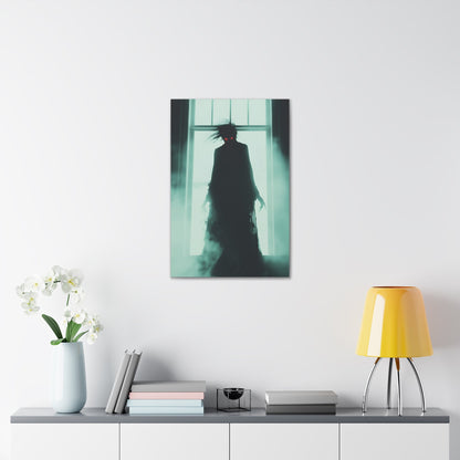 Vertical-oriented wall art: "Haunting Hunger II." A shadowy vampire figure with glowing red eyes stands in a mist-filled room, backlit by a bright window. The eerie atmosphere and chilling silhouette evoke a sense of supernatural dread and Gothic elegance.