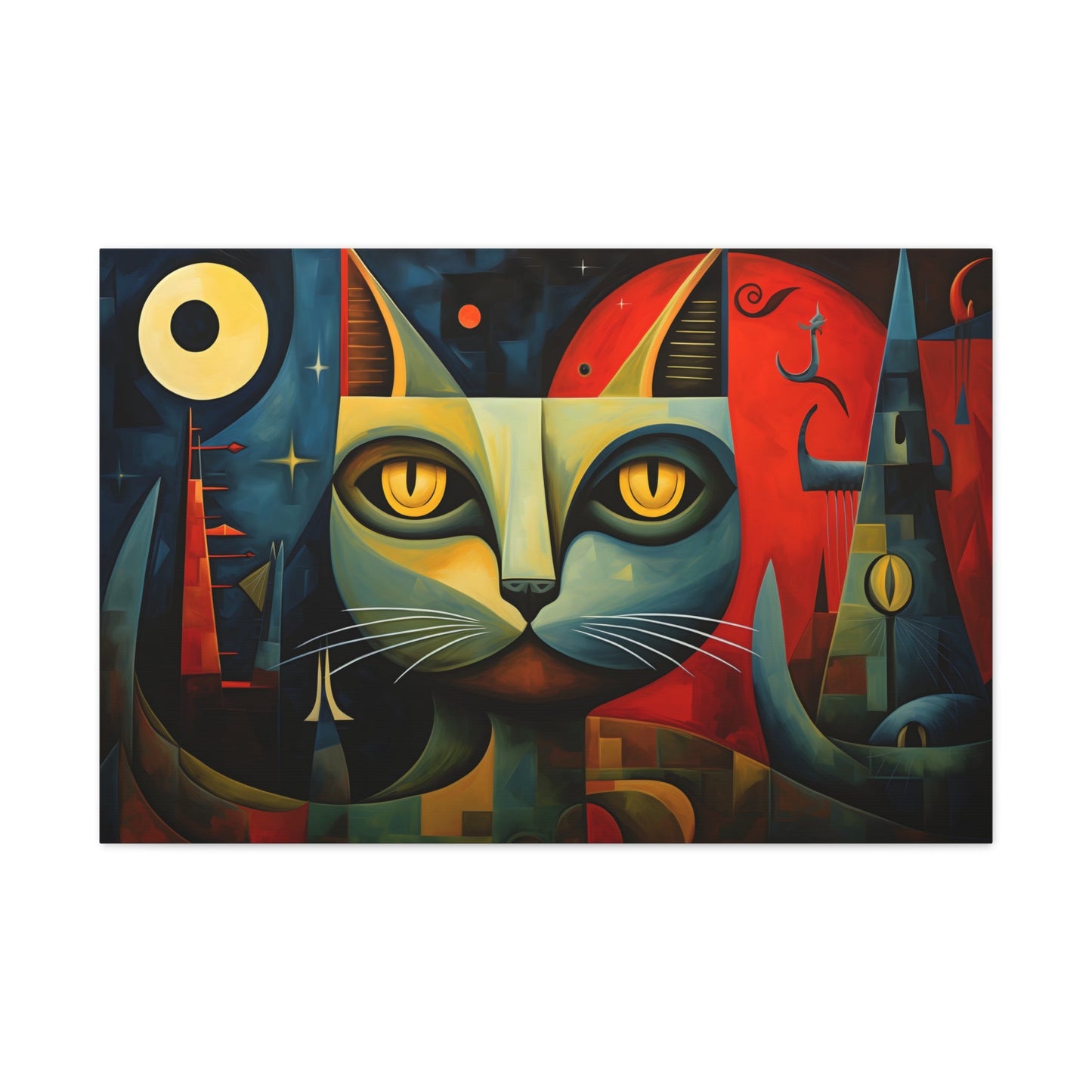 Horizontal-oriented wall art: A Cubist-inspired cat stares directly at the viewer, its eyes glowing with intensity against a backdrop of geometric shapes in deep blues, reds, and yellows. The abstract and surreal composition captures the feline's enigmatic nature, blending elements of modern art movements to create a vivid, otherworldly scene.