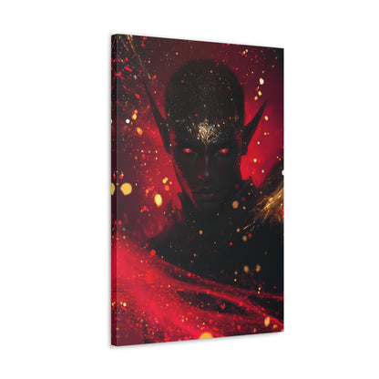 Horizontal-oriented wall art: "Obsidian Elegance" A striking portrait of a black elf with glowing red eyes and intricate gold accents adorning their forehead, set against a fiery background of vibrant red and gold hues. The artwork radiates an aura of power, mystery, and elegance, capturing the essence of ethereal beauty.