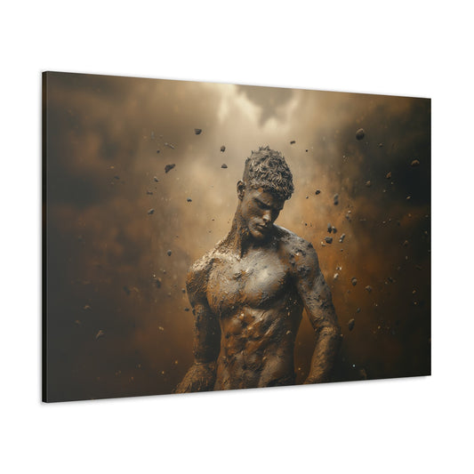 Horizontal-oriented wall art: "Formed from Earth" A powerful depiction of a male figure covered in earth and soil, symbolizing resilience and connection to nature. Set against a dramatic background of earthy tones, the artwork highlights the raw textures and dynamic interplay of strength and natural elements.