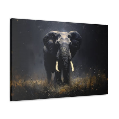 Horizontal-oriented wall art: Elephant's Shadow from the Darklight Bestiary collection depicts a majestic elephant inspired by Chiaroscuro painting technique. The interplay of light and shadow highlights the elephant's powerful form, creating a dramatic and captivating visual experience.