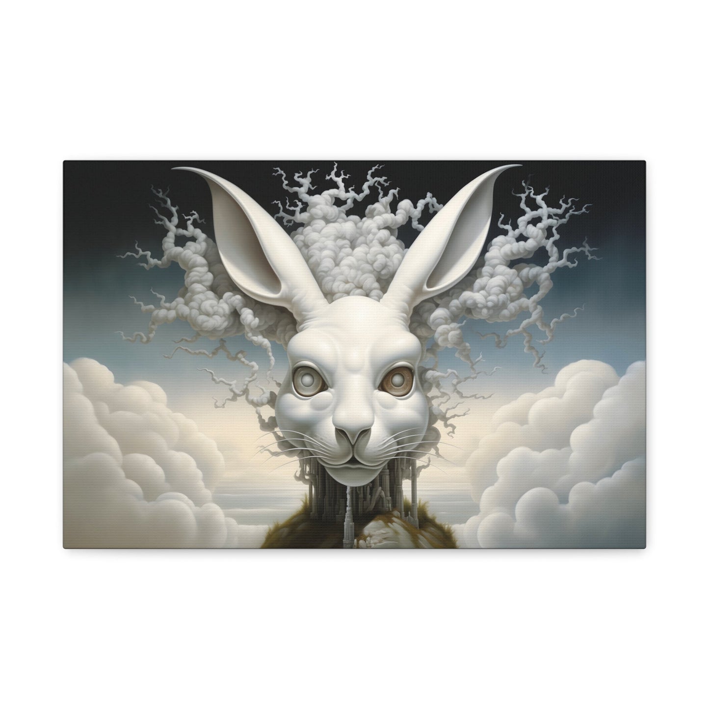 Horizontal-oriented wall art: A surreal, oversized white hare with mechanical eyes is depicted in the center, surrounded by swirling cloud-like forms. The background features a dreamy, ethereal landscape with hints of industrial architecture, blending natural and abstract elements.