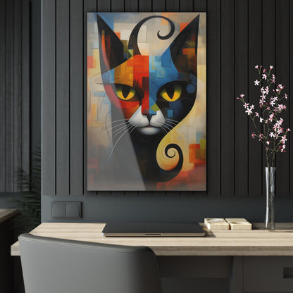 Vertical-oriented wall art: A vibrant cubist-style portrait of a cat, featuring a geometric composition with bold shapes and colors. The cat's eyes are bright yellow, set against a dynamic background of intersecting blocks in shades of red, blue, orange, and yellow.