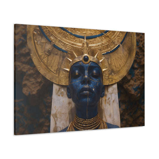 Horizontal-Oriented wall art: An exquisite statue of a blue-skinned Egyptian goddess adorned with golden headdress and jewelry, set against a backdrop of white marble.