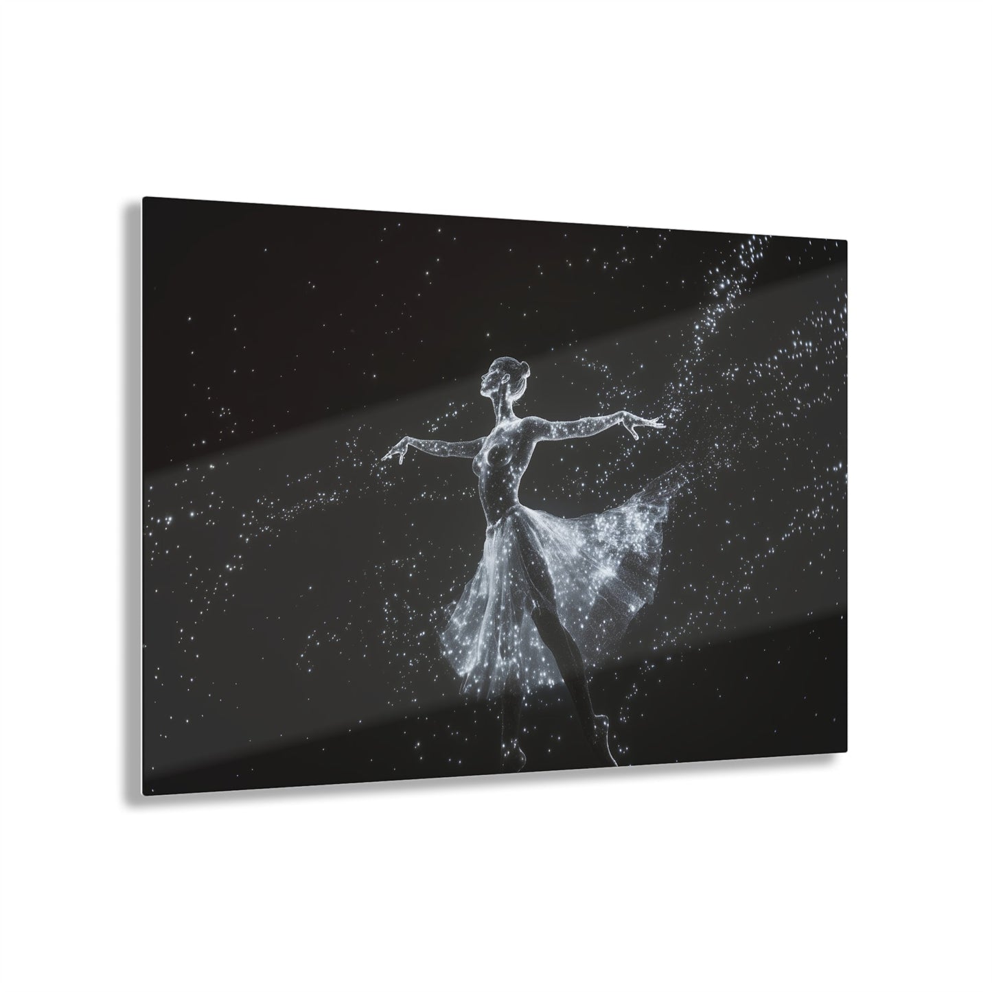 Horizontal-oriented wall art: "Cosmic Ballet III" A ballerina made of radiant, star-like dots gracefully dances against a dark, star-filled backdrop, her silhouette shining in monochromatic light. The scene captures the ethereal beauty of a cosmic dance, with stars trailing from her flowing skirt.