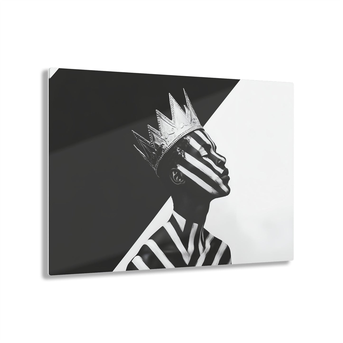 Horizontal-oriented wall art: "Crown of Dignity V" A black-and-white abstract portrait of a Black man wearing a metallic crown, his face and body adorned with bold, geometric stripes. The striking contrast and minimalist design emphasize his regal presence and dignified expression against a stark background.