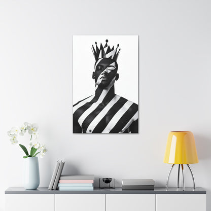 Vertical-oriented wall art: "Crown of Dignity II" A regal portrait of a man wearing a bold, geometric crown, with black and white stripes painted across his face and body. The minimalist composition emphasizes strength, elegance, and cultural pride in a modern, abstract style.