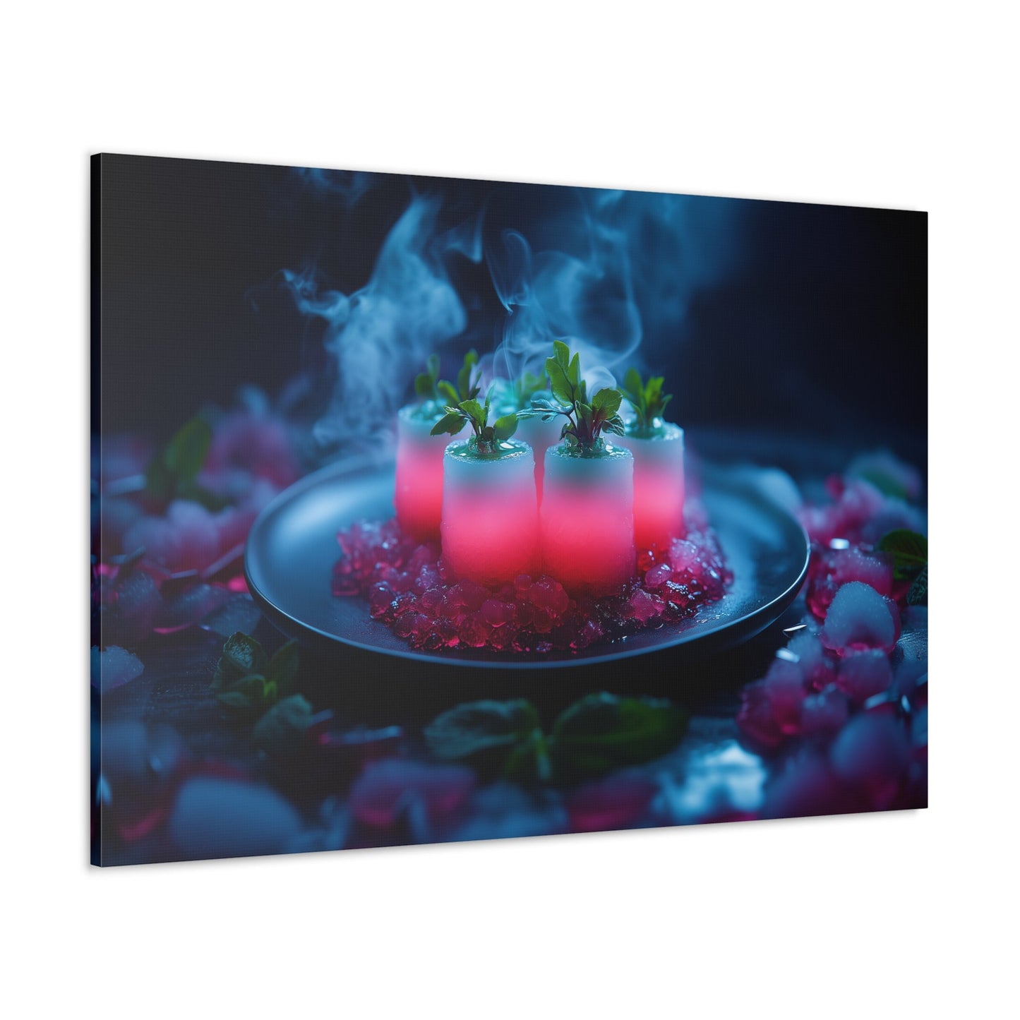 Horizontal-oriented wall art: "Xeno Cuisine." A glowing arrangement of alien meat and bioluminescent vegetables sits on an obsidian plate, surrounded by vapor and crystalline accents. The vibrant pink and cool blue tones contrast against the dark background, creating an otherworldly and surreal atmosphere.