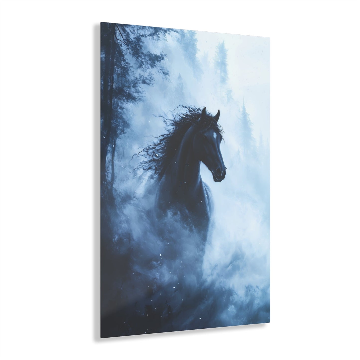 Vertical-oriented wall art: "Shadowed Stallion IV" A powerful black stallion charges through a misty forest, its mane flowing wildly as snow swirls around it. The contrast between the horse's dark figure and the soft, ethereal fog creates a striking, otherworldly scene.