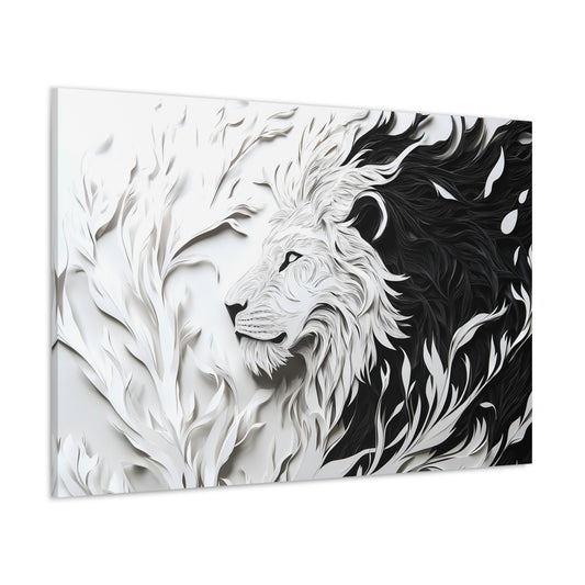 Horizontal-oriented wall art: "Cut to the King V" A detailed paper-cut style depiction of a lion's profile, with layered black and white elements creating a three-dimensional effect. The lion's mane flows gracefully around its face, evoking a sense of strength and calm.