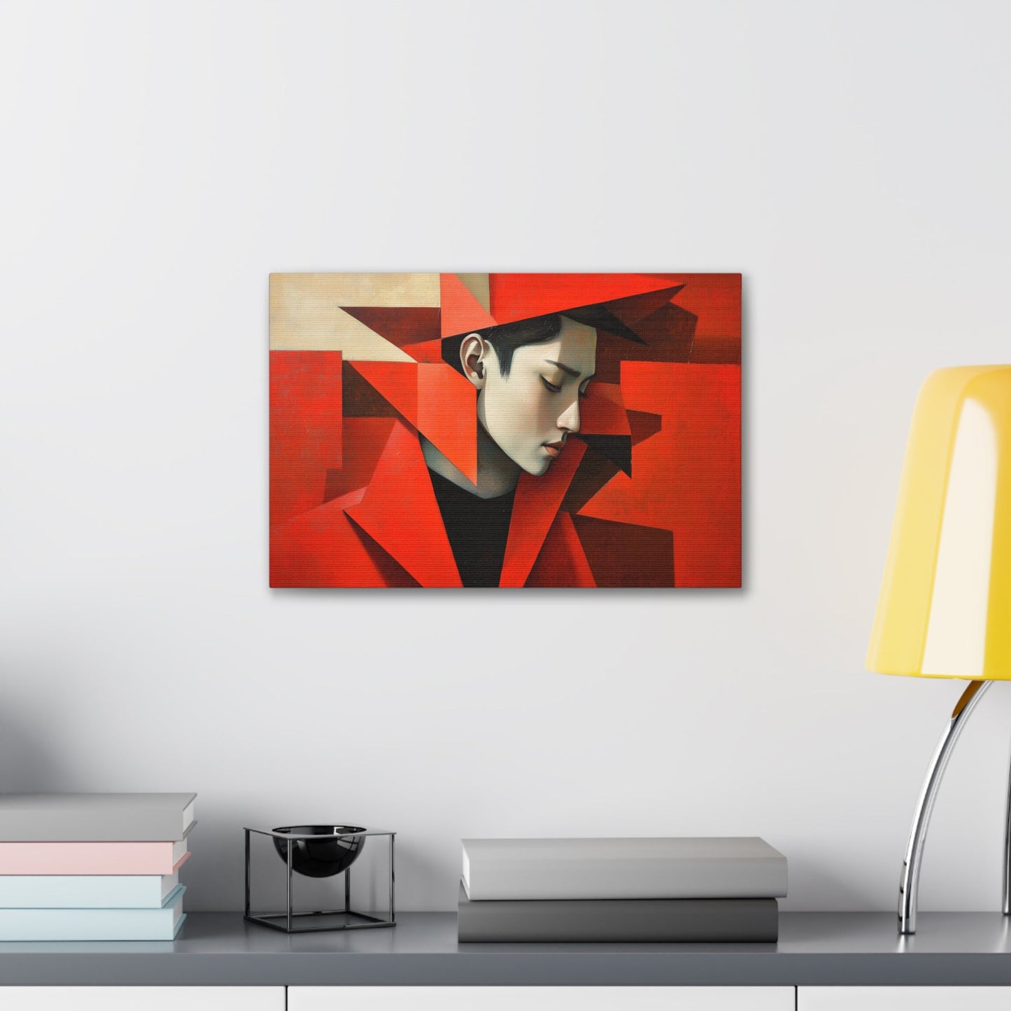 Horizontal-oriented wall art: "Refined in Fragments." A high-fashion Asian male is depicted in a Cubist style, with bold angular red geometric shapes framing his contemplative profile. The soft dramatic lighting contrasts with vivid red tones, creating an expressive and sophisticated composition.