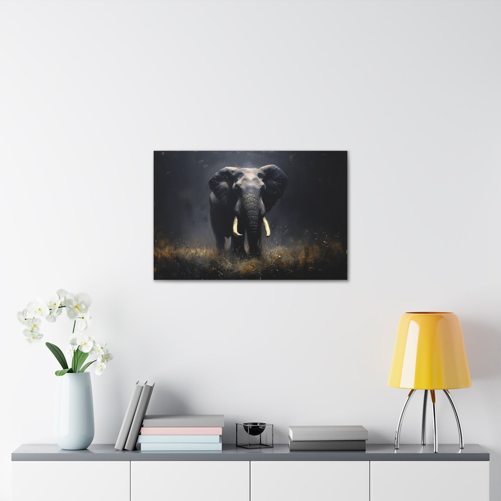 Horizontal-oriented wall art: Elephant's Shadow from the Darklight Bestiary collection depicts a majestic elephant inspired by Chiaroscuro painting technique. The interplay of light and shadow highlights the elephant's powerful form, creating a dramatic and captivating visual experience.