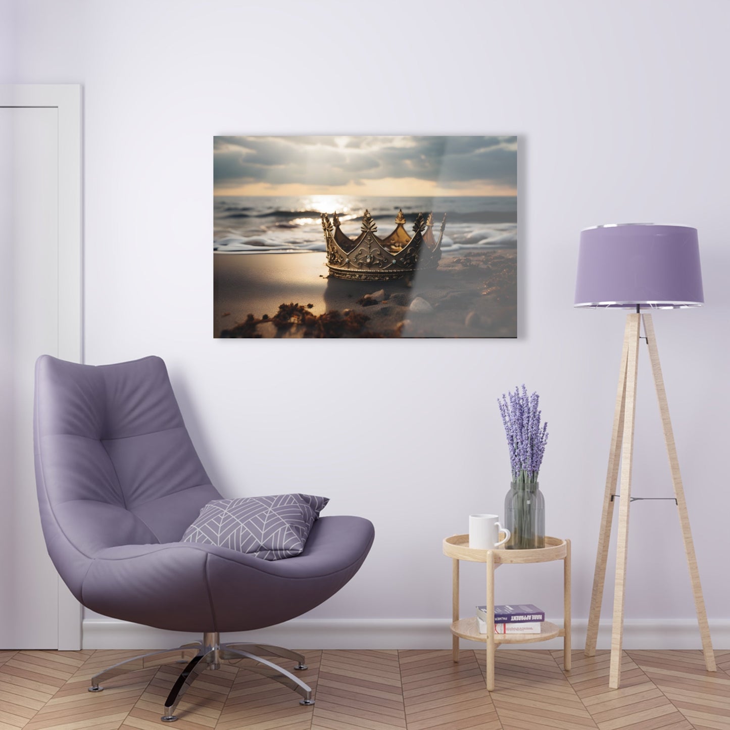 Horizontal-oriented wall art: "Find Your Crown" A golden crown rests gracefully on a sandy shore, illuminated by the warm glow of a sunset over gentle ocean waves. This evocative scene symbolizes self-discovery and the pursuit of inner majesty.