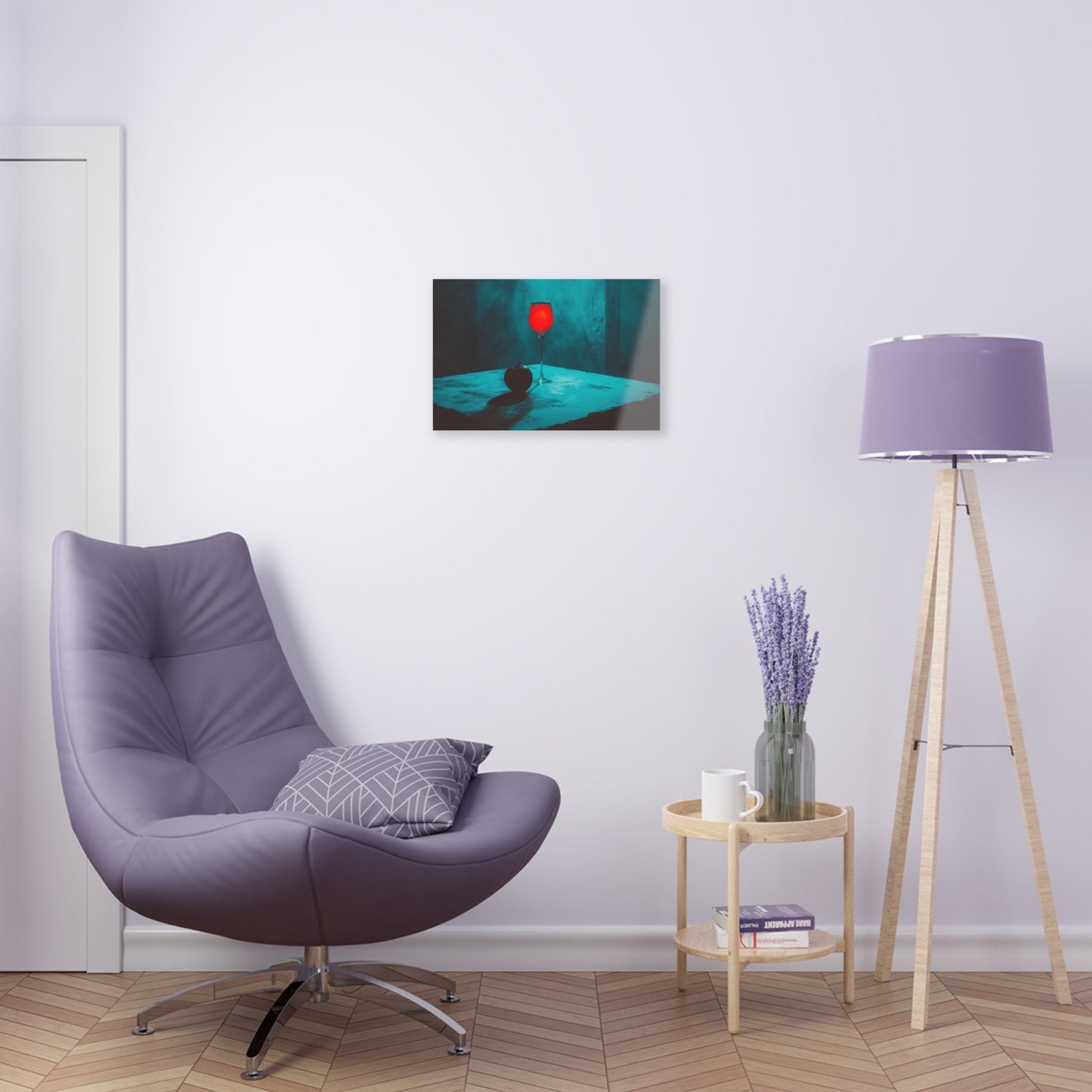 Horizontal-oriented wall art: "Eden’s Reflection" A glowing crimson wine glass and a shadowed black apple rest on a textured table, surrounded by a misty teal atmosphere. This gothic still-life composition captures an air of mystery and temptation with its striking interplay of light and shadow.