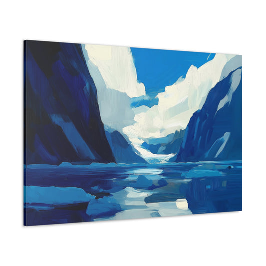 Horizontal-oriented wall art: "Frozen Majesty" Landscape artwork titled *Frozen Majesty* from the Bold Horizons collection, depicting an Arctic scene with towering glaciers and icy cliffs reflected in calm waters. The piece features bold brushstrokes and a cool palette of blues and whites, evoking a sense of serenity and timeless beauty.