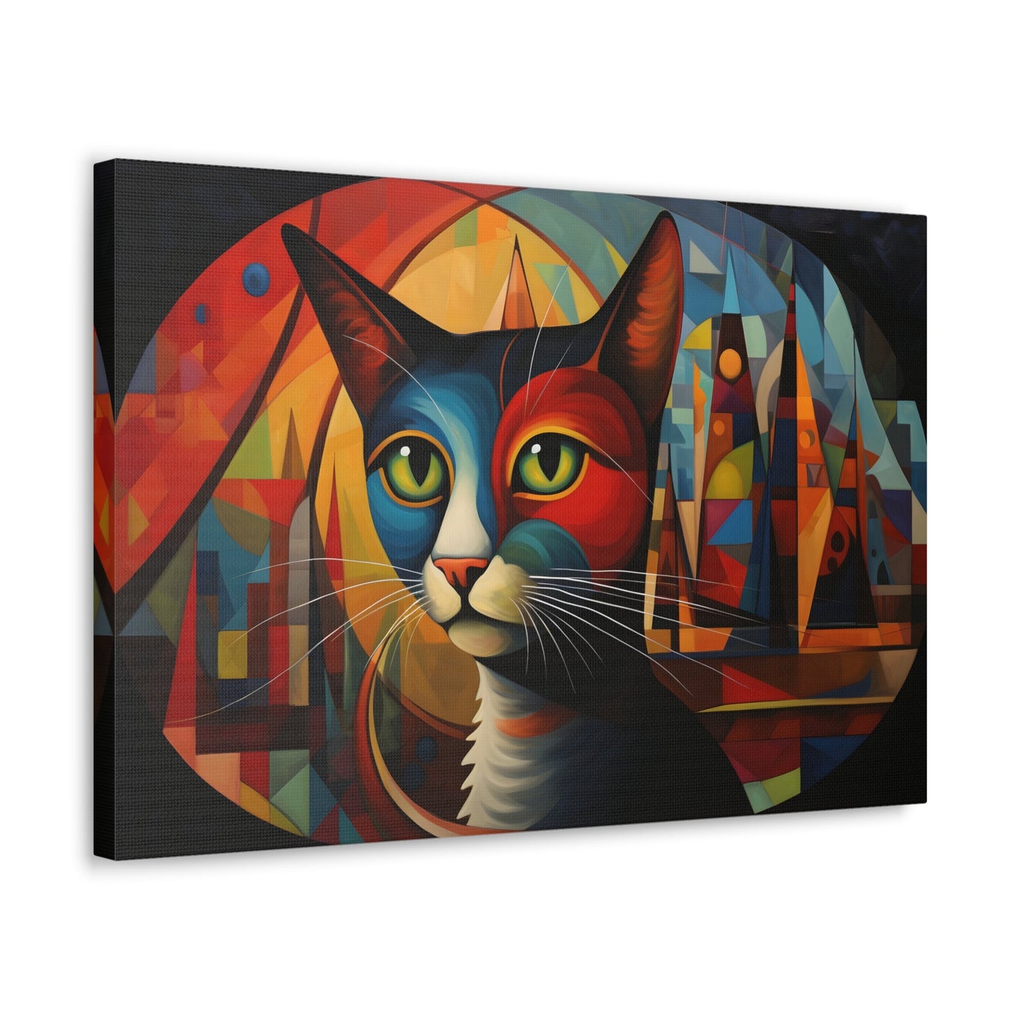 Horizontal-oriented wall art: A vibrant, abstract portrayal of a cat featuring dynamic angles and bold geometric shapes, rendered in rich, saturated colors. The composition captures the essence of the feline’s curiosity and grace, offering a modernist perspective on the animal world.