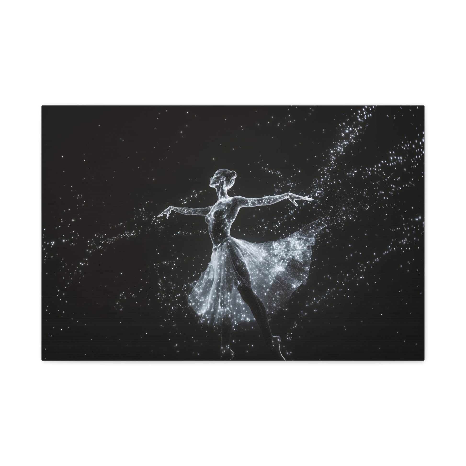 Horizontal-oriented wall art: "Cosmic Ballet III" A ballerina made of radiant, star-like dots gracefully dances against a dark, star-filled backdrop, her silhouette shining in monochromatic light. The scene captures the ethereal beauty of a cosmic dance, with stars trailing from her flowing skirt.