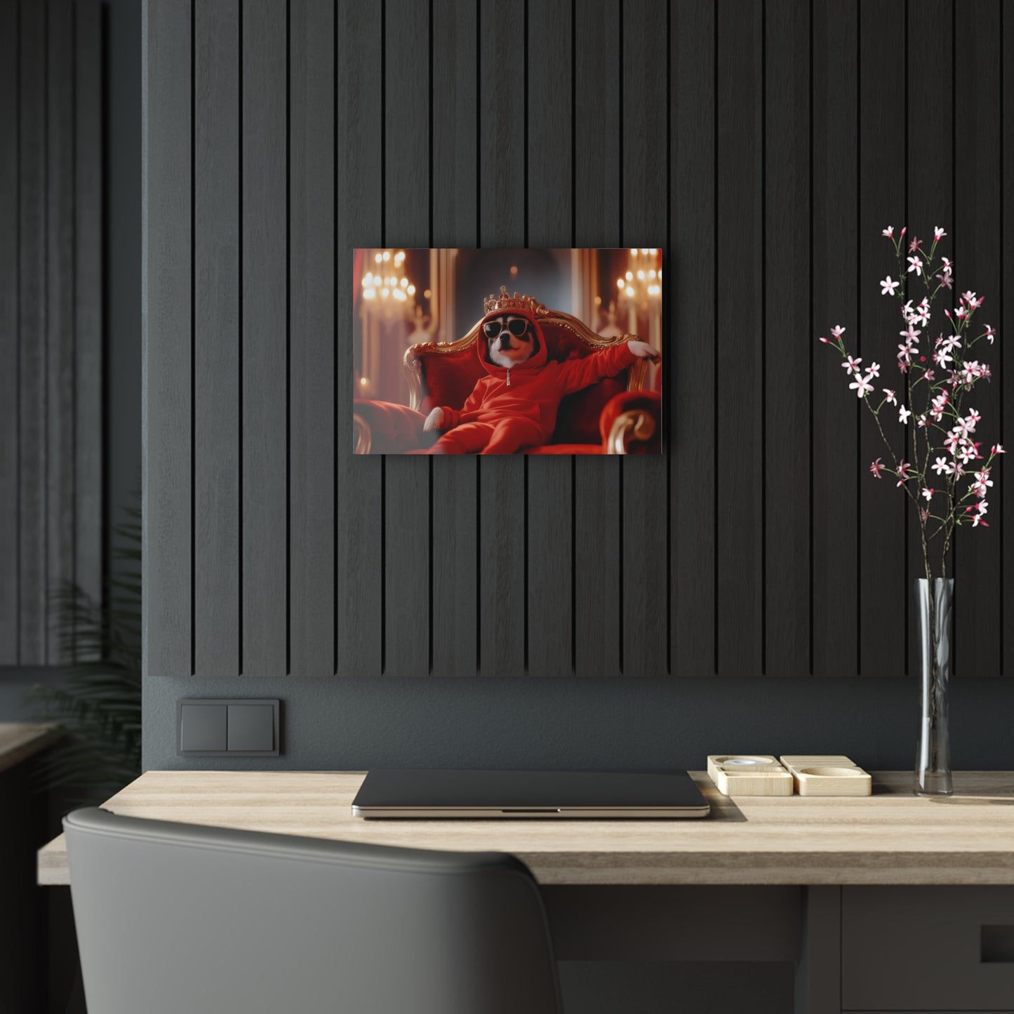 Horizontal-oriented wall art: "Crowned Companion III" A stylish dog lounges on a golden throne, wearing a crown, sunglasses, and a red hoodie in a luxurious royal setting. This playful artwork combines elegance and humor, portraying the pet as a modern ruler with personality.