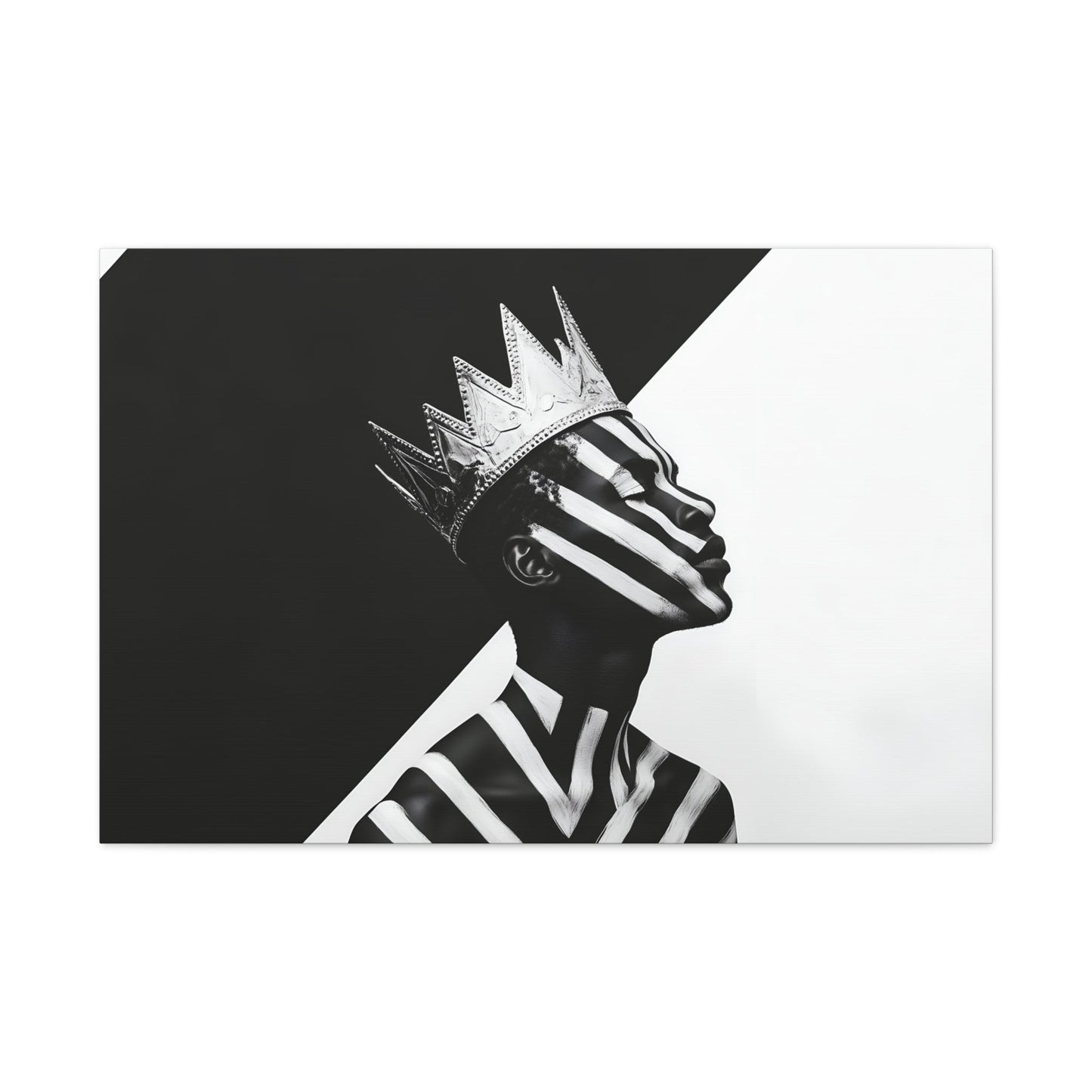 Horizontal-oriented wall art: "Crown of Dignity V" A black-and-white abstract portrait of a Black man wearing a metallic crown, his face and body adorned with bold, geometric stripes. The striking contrast and minimalist design emphasize his regal presence and dignified expression against a stark background.