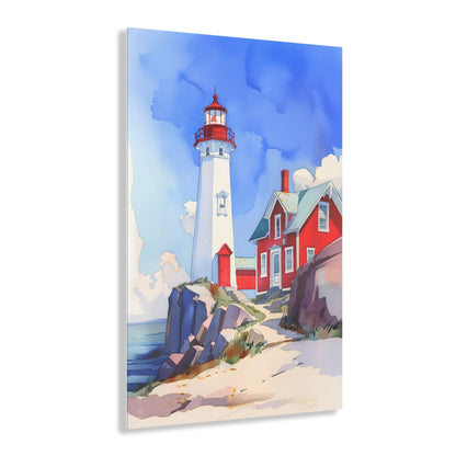 Vertical-oriented wall art: A watercolor-style painting of a lighthouse perched on rocky cliffs overlooking a vast ocean. The sky is painted in shades of blue with wispy white clouds, and the rugged coastline is depicted in intricate detail.