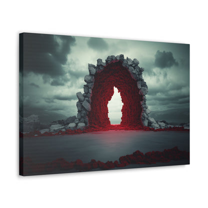 Horizontal-oriented wall art: "Portal of Possibilities" A glowing red portal framed by jagged stone stands in a barren landscape under a moody, overcast sky. The surreal scene evokes mystery and possibility, as if the gateway leads to another dimension.