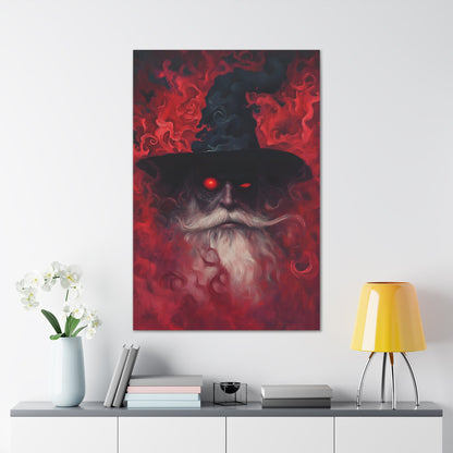 Vertical-oriented wall art: "The Wizard's Veil II" A mysterious wizard with glowing red eyes emerges from a swirling, crimson mist, his expression intense and otherworldly. The deep reds and intricate textures create an aura of magic and dark fantasy, drawing viewers into his enchanted realm.