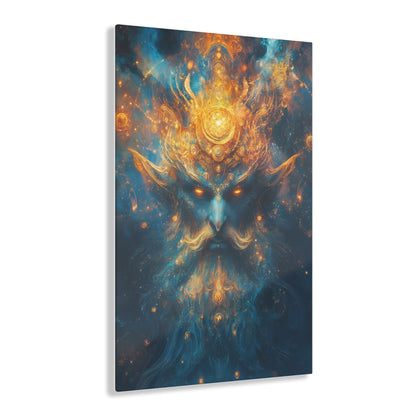 Vertical-oriented wall art "Celestial Djinn II" A cosmic djinn with glowing eyes and intricate golden patterns emerges from a swirl of azure and gold energy. This mystical artwork captures the celestial power and ancient wisdom of a divine being.