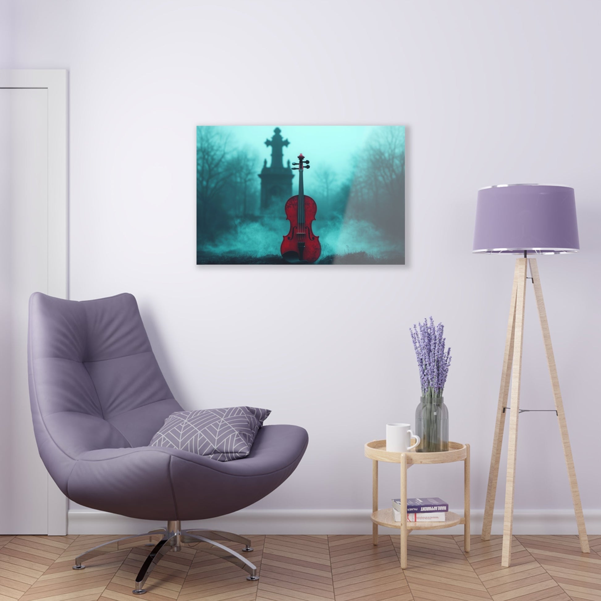 Horizontal-oriented wall art: "The Mourning Violin." A vivid red violin stands alone in a misty graveyard, framed by a dark, Gothic cross in the background. Diffused teal lighting and soft shadows create a haunting and melancholic atmosphere.