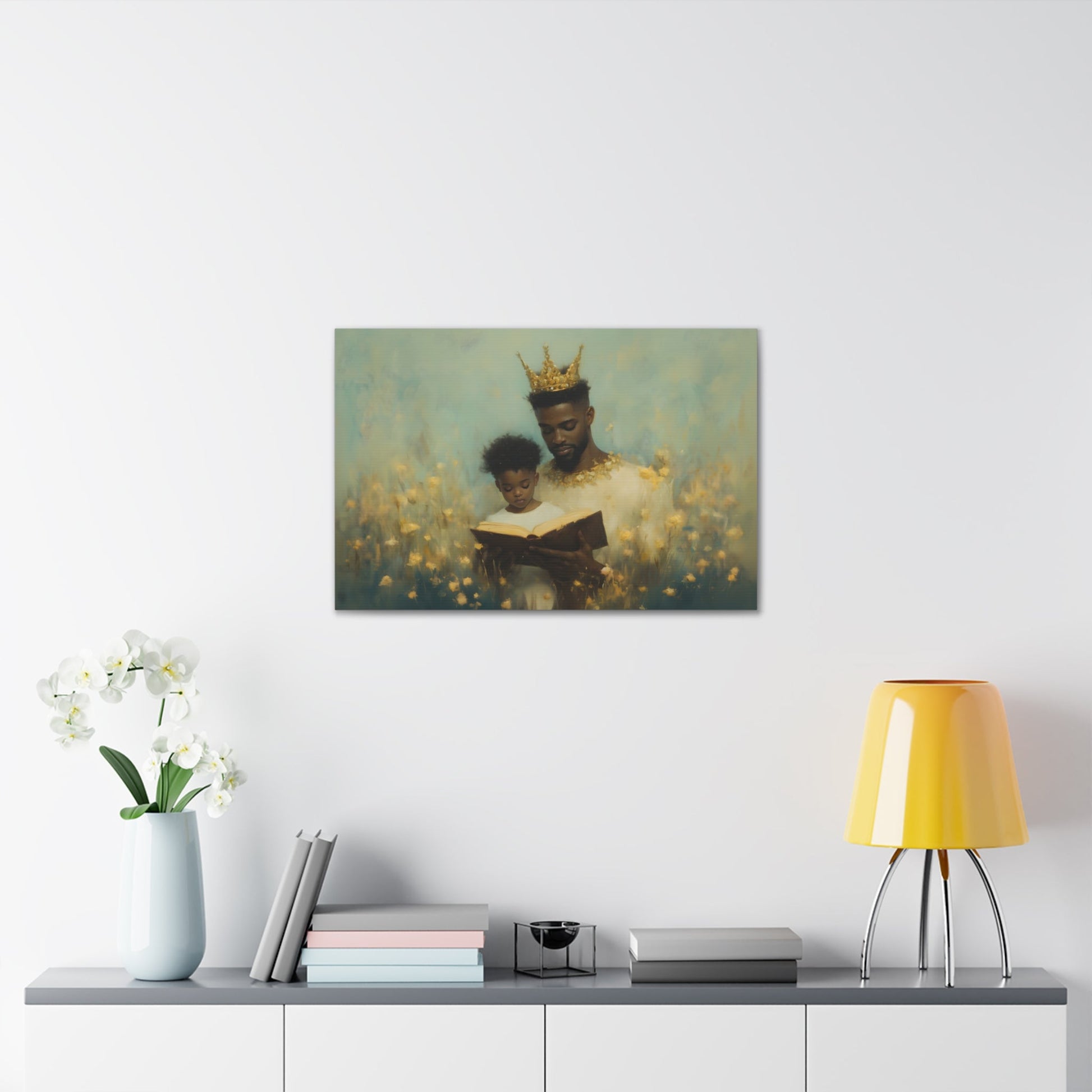 Horizontal-oriented wall art: A kingly father reads to his princely son, both adorned with crowns symbolizing the value of education. The painting features a magical realism style with whimsical elements, emphasizing the importance of knowledge and the bond between generations.