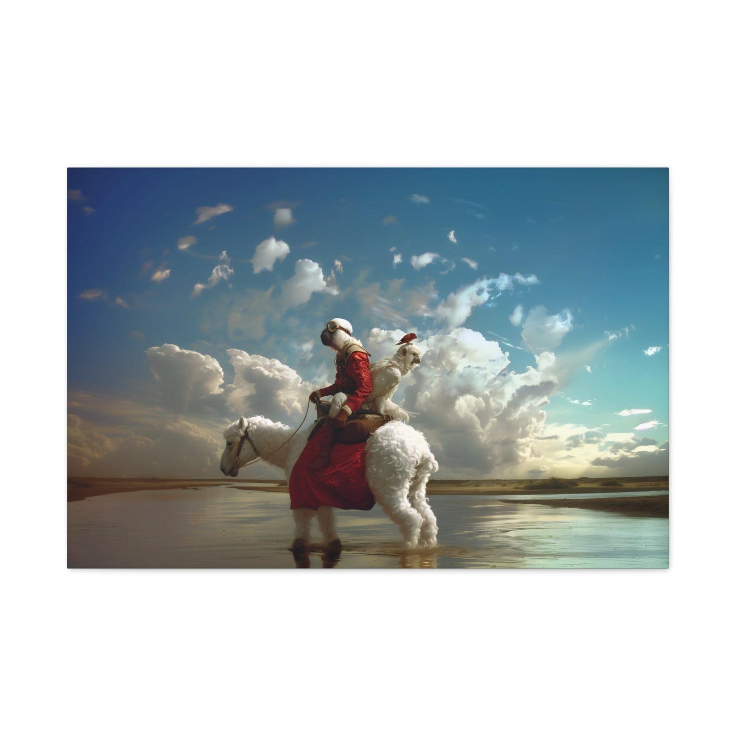 Horizontal-oriented wall art: A surreal photorealistic artwork featuring a monkey dressed in a red top and brown boots riding a white alpaca through shallow water in the desert. The monkey is accompanied by a red bird and a white parrot, all under a cloudy blue sky.