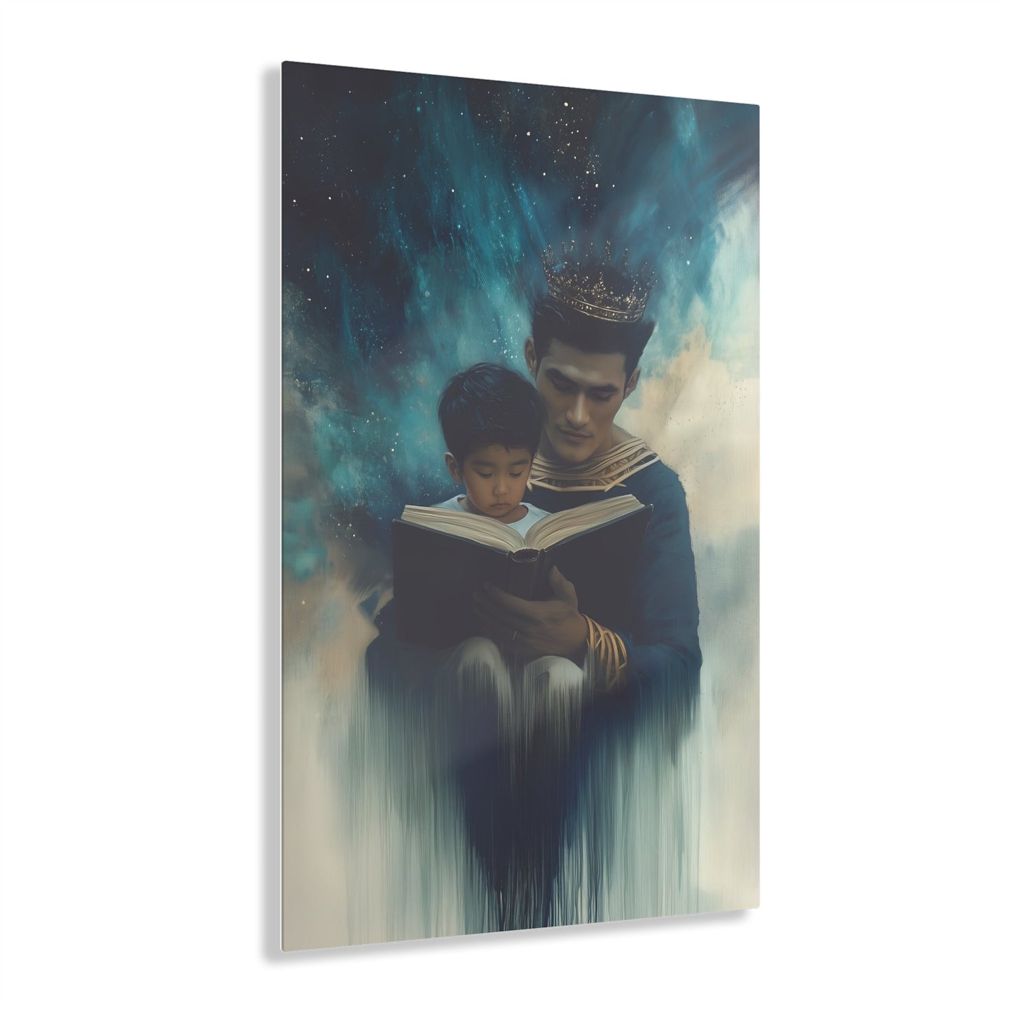 Vertical-oriented wall art: "Crowning Knowledge VI" depicts a father and son wearing golden crowns, reading a book together, surrounded by a swirling, cosmic blue and teal background. The soft, ethereal atmosphere emphasizes the serene and mystical bond of shared learning and wisdom between the two figures.