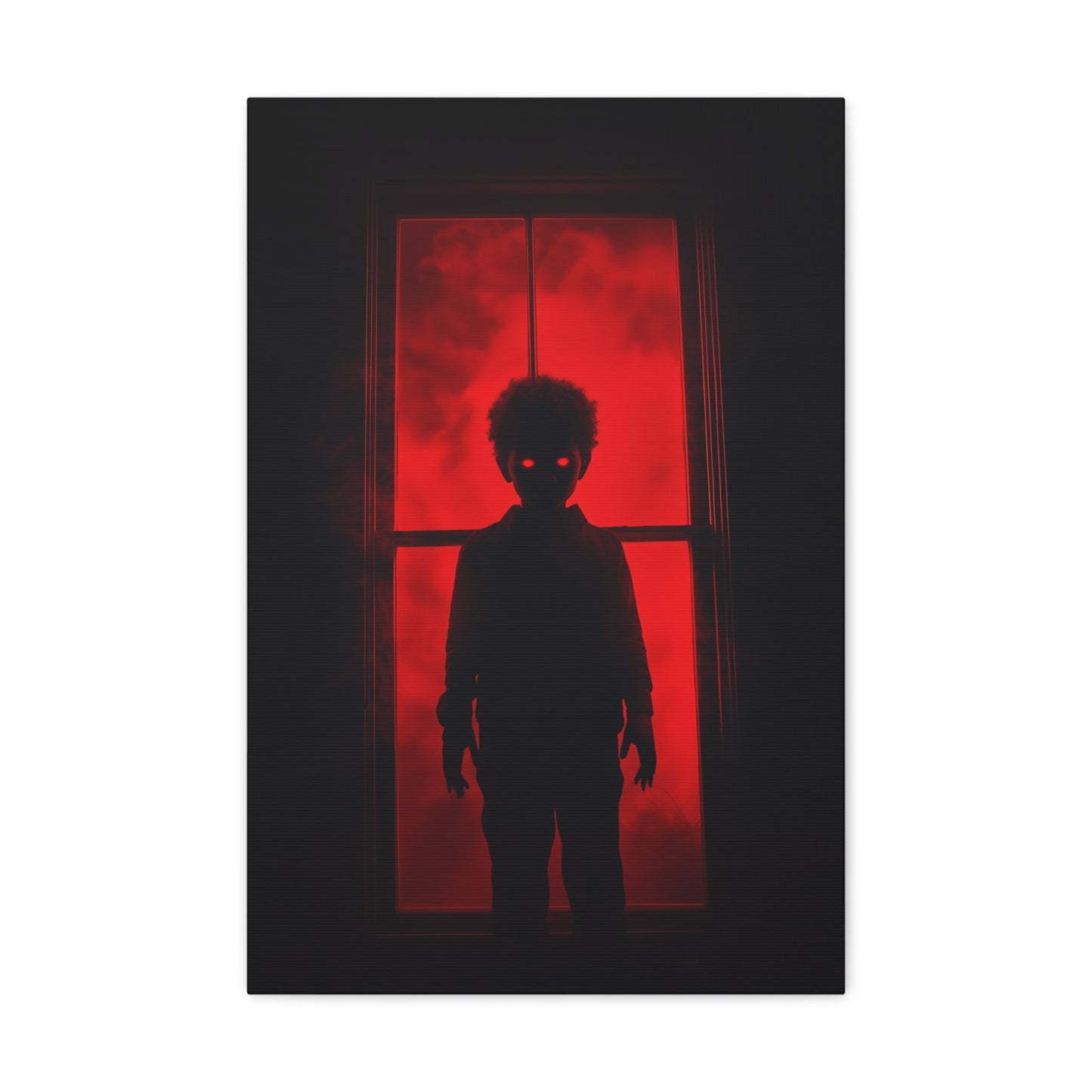 Vertical-oriented wall art: "Shadows in the Mist II." A shadowy child-like figure with glowing red eyes stands against a crimson-illuminated window, shrouded in red mist and black silhouettes, evoking an eerie and supernatural atmosphere.