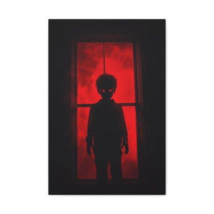 Vertical-oriented wall art: "Shadows in the Mist II." A shadowy child-like figure with glowing red eyes stands against a crimson-illuminated window, shrouded in red mist and black silhouettes, evoking an eerie and supernatural atmosphere.