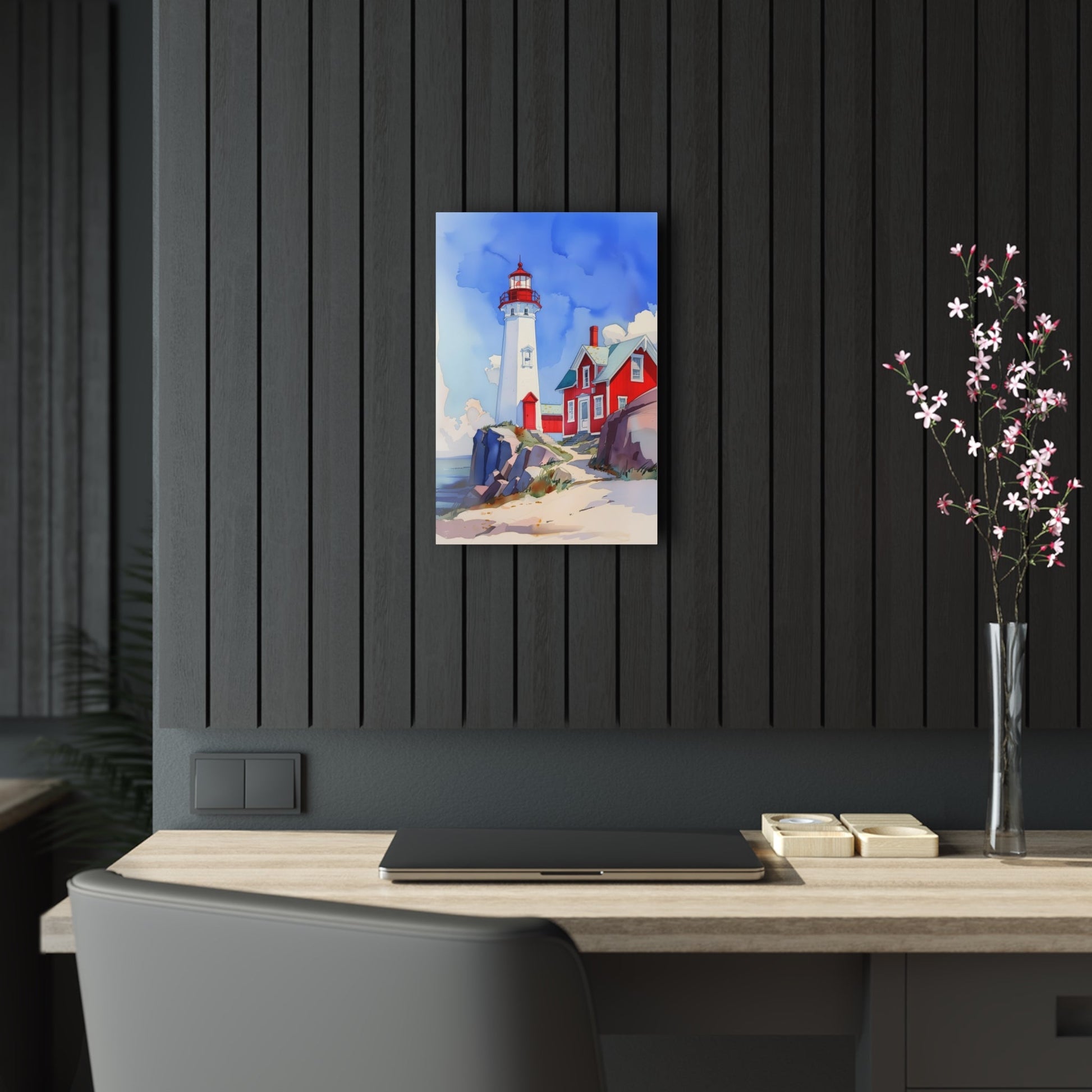 Vertical-oriented wall art: A watercolor-style painting of a lighthouse perched on rocky cliffs overlooking a vast ocean. The sky is painted in shades of blue with wispy white clouds, and the rugged coastline is depicted in intricate detail.