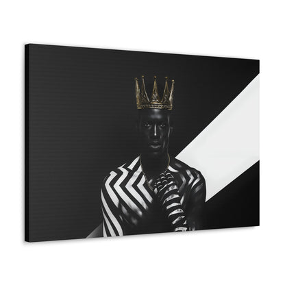 Horizontal-oriented wall art: "Crown of Dignity III" A striking portrait of a regal figure wearing a metallic gold crown, adorned in bold black and white geometric patterns. The artwork captures a modern, dignified presence, blending contemporary abstraction with royal elegance against a high-contrast background.