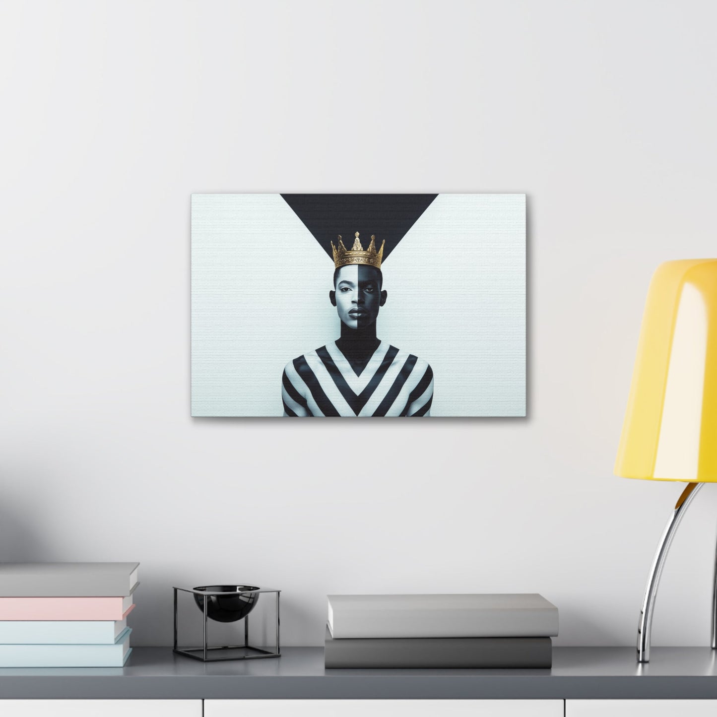 Horizontal-oriented wall art: "Crown of Dignity" A powerful portrait of a man wearing a golden crown, his face divided into bold black-and-white halves symbolizing balance and duality. The geometric background enhances the striking composition, blending regal elegance with modern precision.