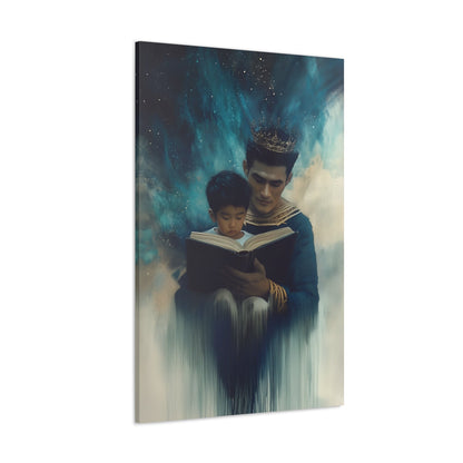 Vertical-oriented wall art: "Crowning Knowledge VI" depicts a father and son wearing golden crowns, reading a book together, surrounded by a swirling, cosmic blue and teal background. The soft, ethereal atmosphere emphasizes the serene and mystical bond of shared learning and wisdom between the two figures.