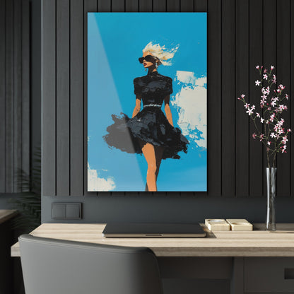 Vertical-oriented wall art: "Black Enigma II." A confident woman walks gracefully in a textured black dress, her wind-blown hair illuminated against a vibrant cerulean sky. The bold palette knife technique and striking contrasts emphasize empowerment and elegance.